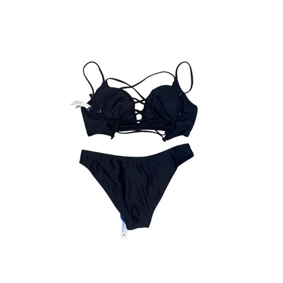 Cupshe Womens Black Lace-Up Bikini Set Swimwear S Nylon & Spandex - Picture 2 of 5